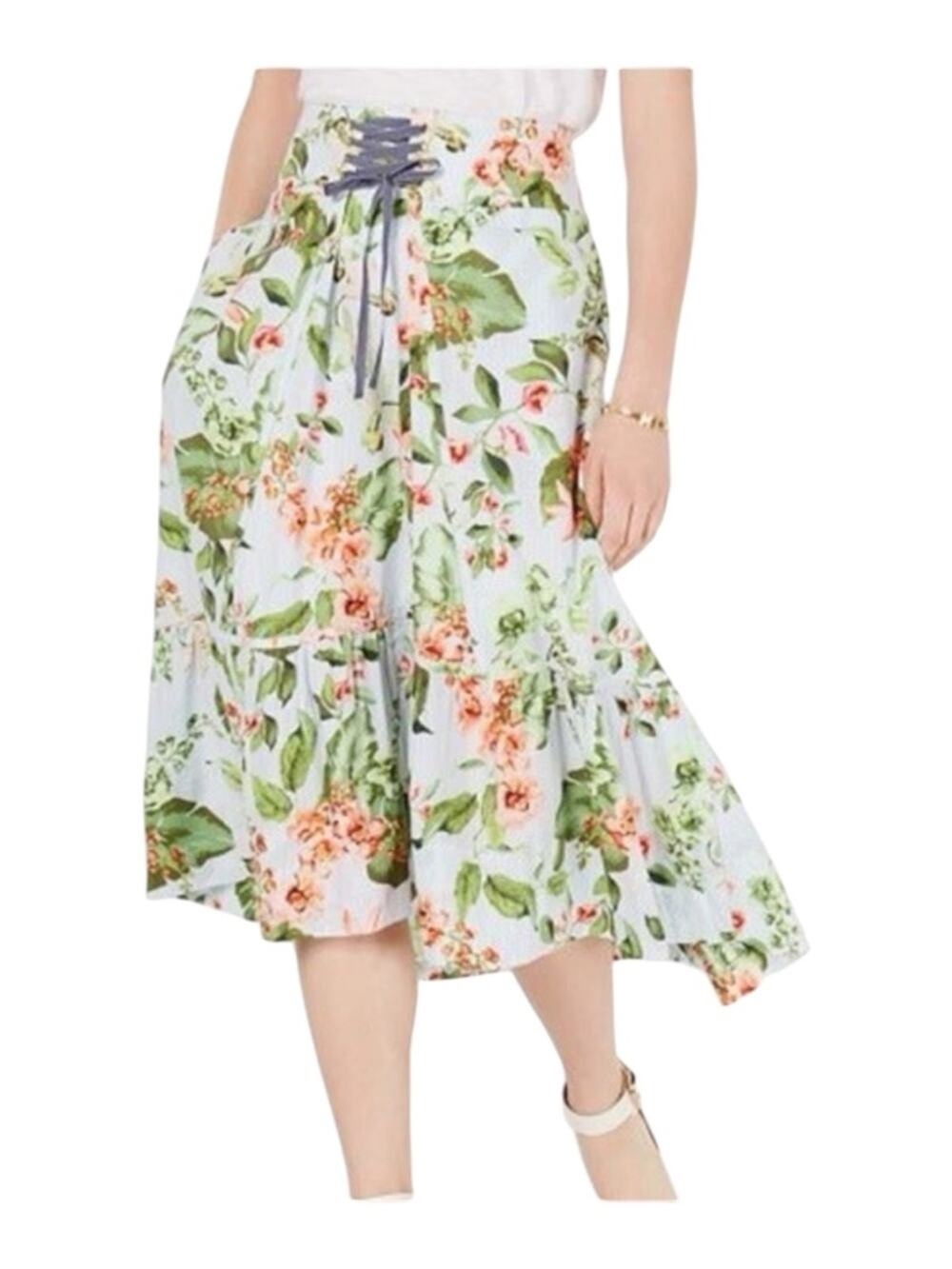 Tommy Hilfiger Blue Pinstripe Floral Print Waist Lace Up Ruffle Hem Midi Skirt